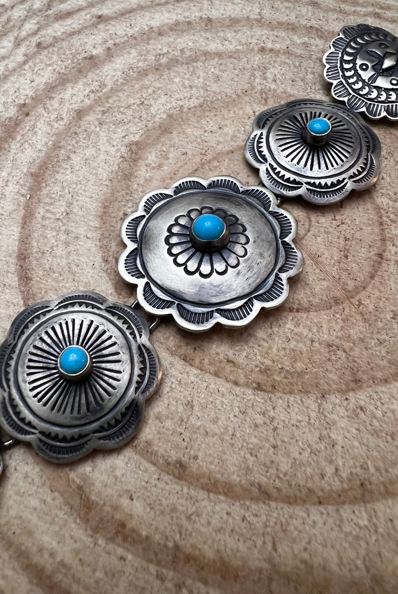 Concho Link Bracelet with Sleeping Beauty Turquoise by Victor Coriz - Cowhide and Conchos
