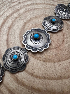 Concho Link Bracelet with Sleeping Beauty Turquoise by Victor Coriz - Cowhide and Conchos