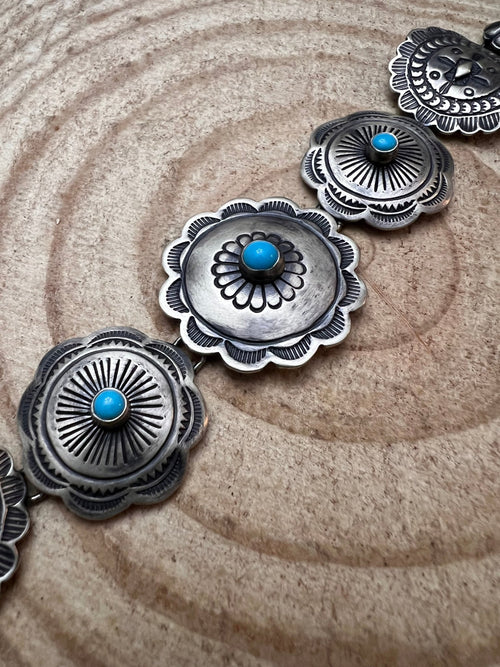 Concho Link Bracelet with Sleeping Beauty Turquoise by Victor Coriz - Cowhide and Conchos