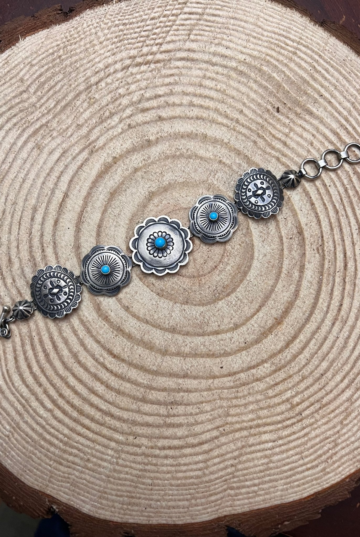 Concho Link Bracelet with Sleeping Beauty Turquoise by Victor Coriz - Cowhide and Conchos