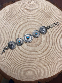 Concho Link Bracelet with Sleeping Beauty Turquoise by Victor Coriz - Cowhide and Conchos