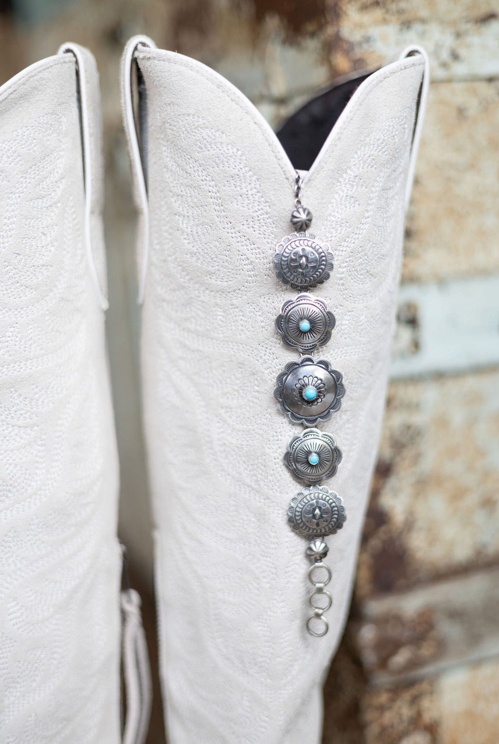 Concho Link Bracelet with Sleeping Beauty Turquoise by Victor Coriz - Cowhide and Conchos