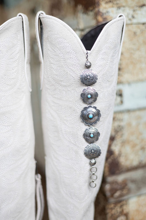 Concho Link Bracelet with Sleeping Beauty Turquoise by Victor Coriz - Cowhide and Conchos