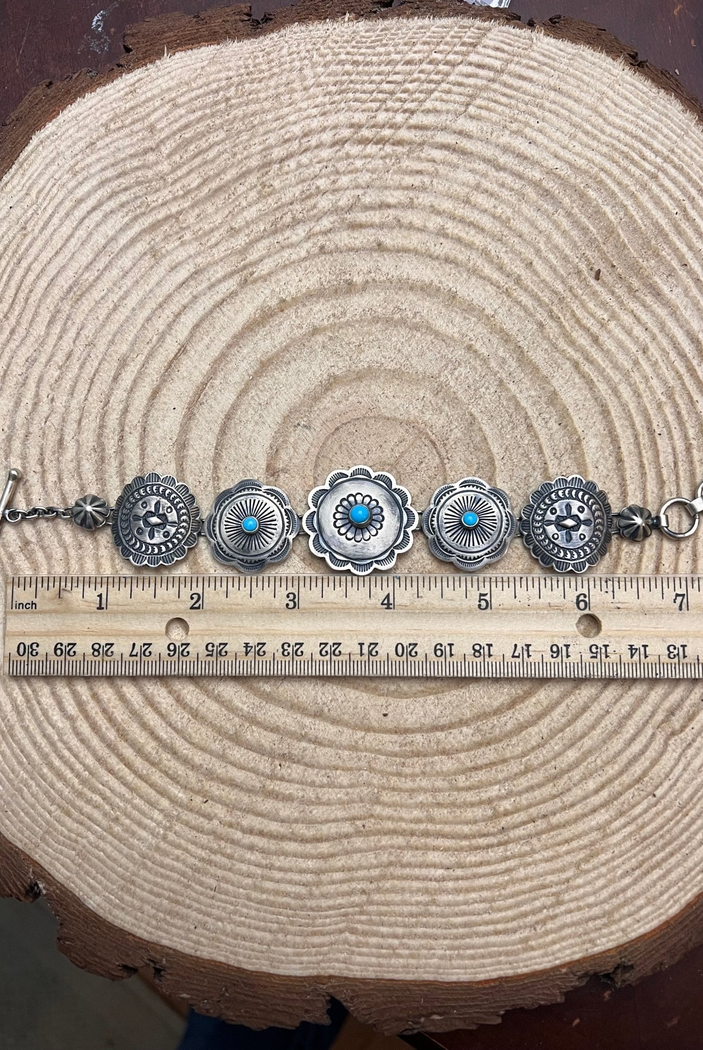 Concho Link Bracelet with Sleeping Beauty Turquoise by Victor Coriz - Cowhide and Conchos