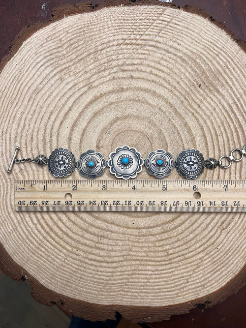 Concho Link Bracelet with Sleeping Beauty Turquoise by Victor Coriz - Cowhide and Conchos