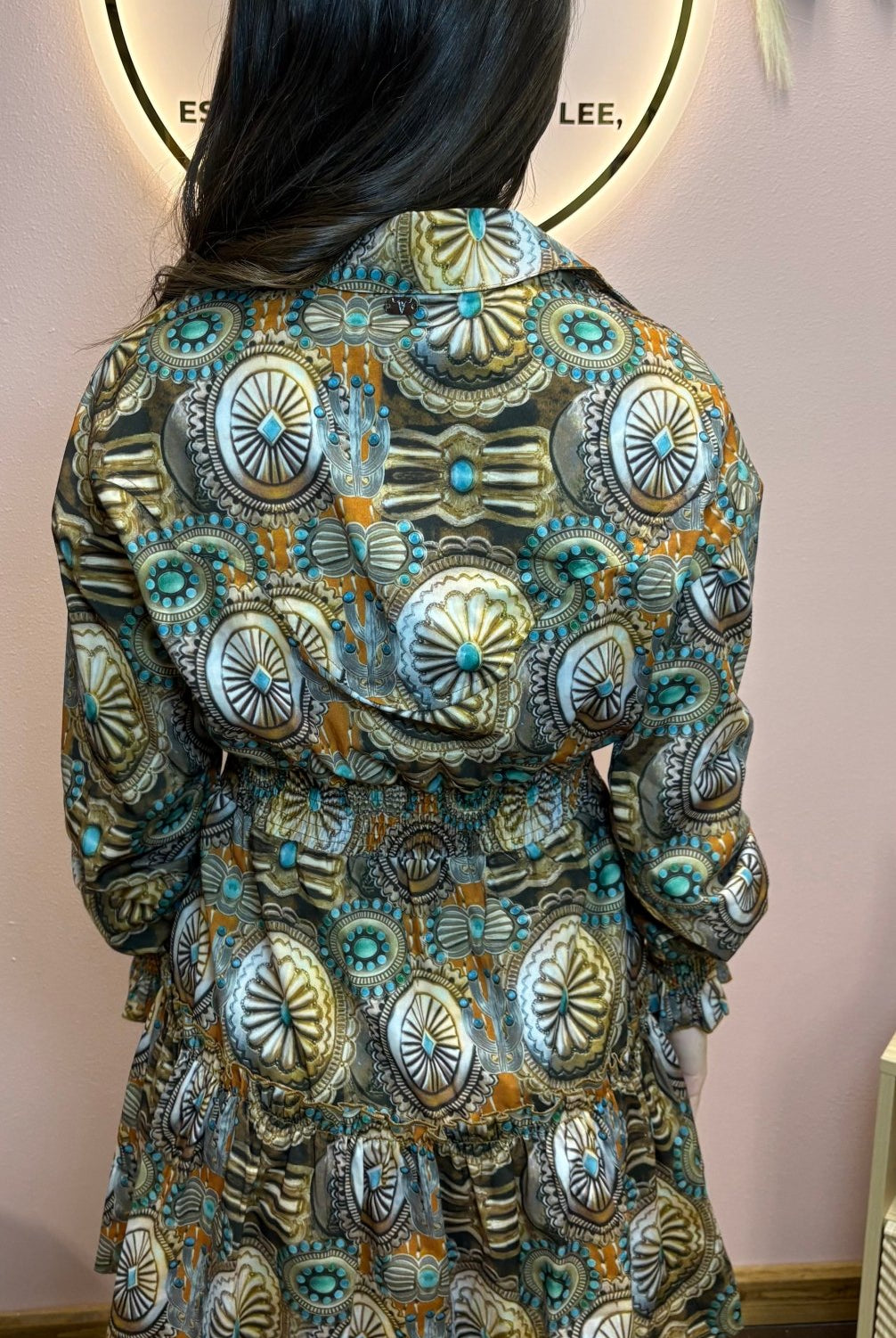 Concho Printed Collared Ruffle Button Down Dress - Cowhide and Conchos