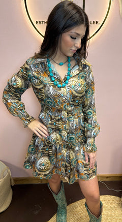 Concho Printed Collared Ruffle Button Down Dress - Cowhide and Conchos