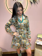 Concho Printed Collared Ruffle Button Down Dress - Cowhide and Conchos