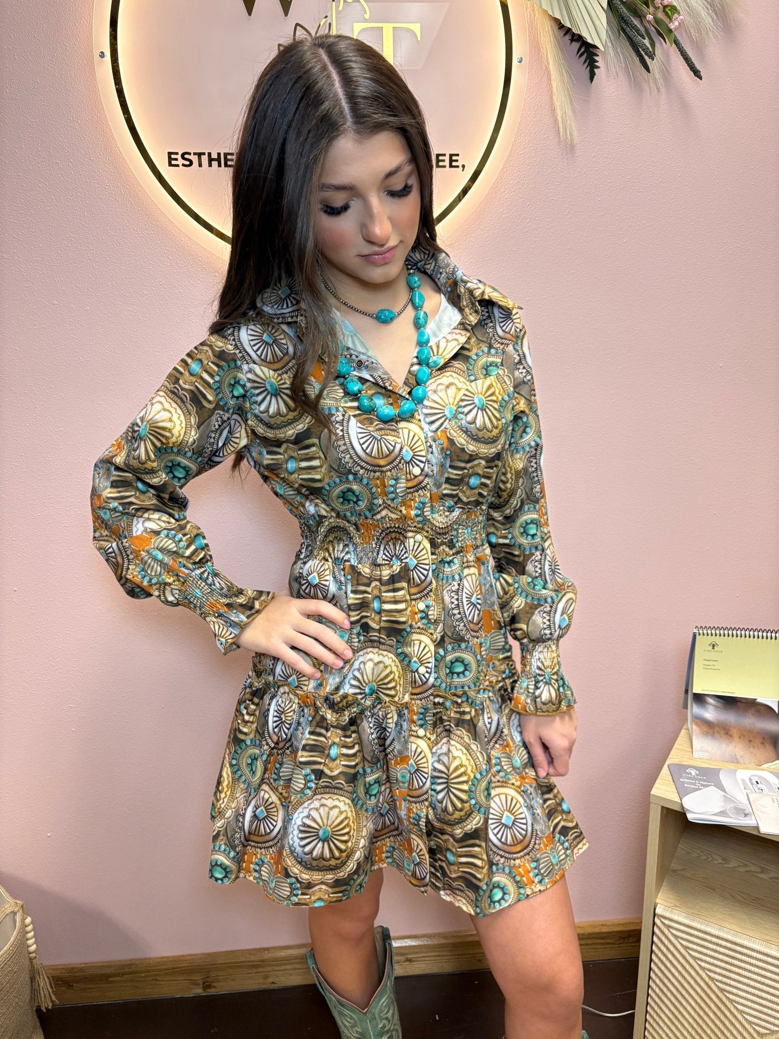 Concho Printed Collared Ruffle Button Down Dress - Cowhide and Conchos