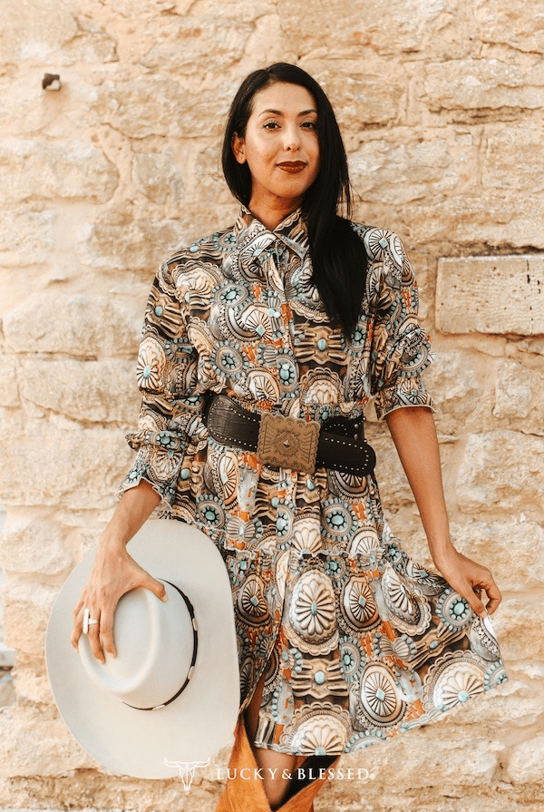 Concho Printed Collared Ruffle Button Down Dress - Cowhide and Conchos