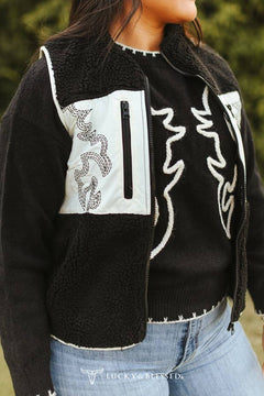 Contrast Black Sherpa Vest - Cowhide and Conchos