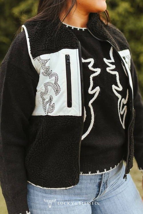 Contrast Black Sherpa Vest - Cowhide and Conchos