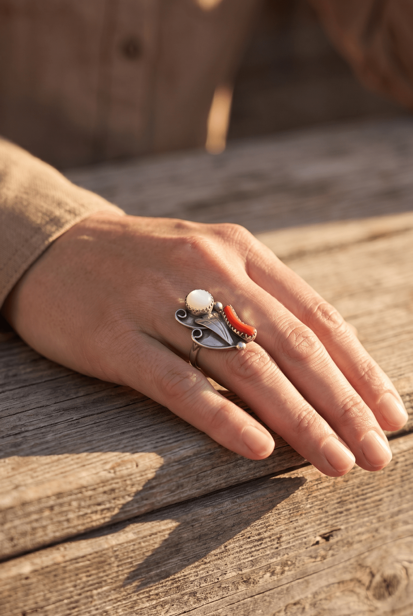 Coral & Mother of Pearl Sterling Silver Flower-Style Ring — Size 5 - Cowhide and Conchos