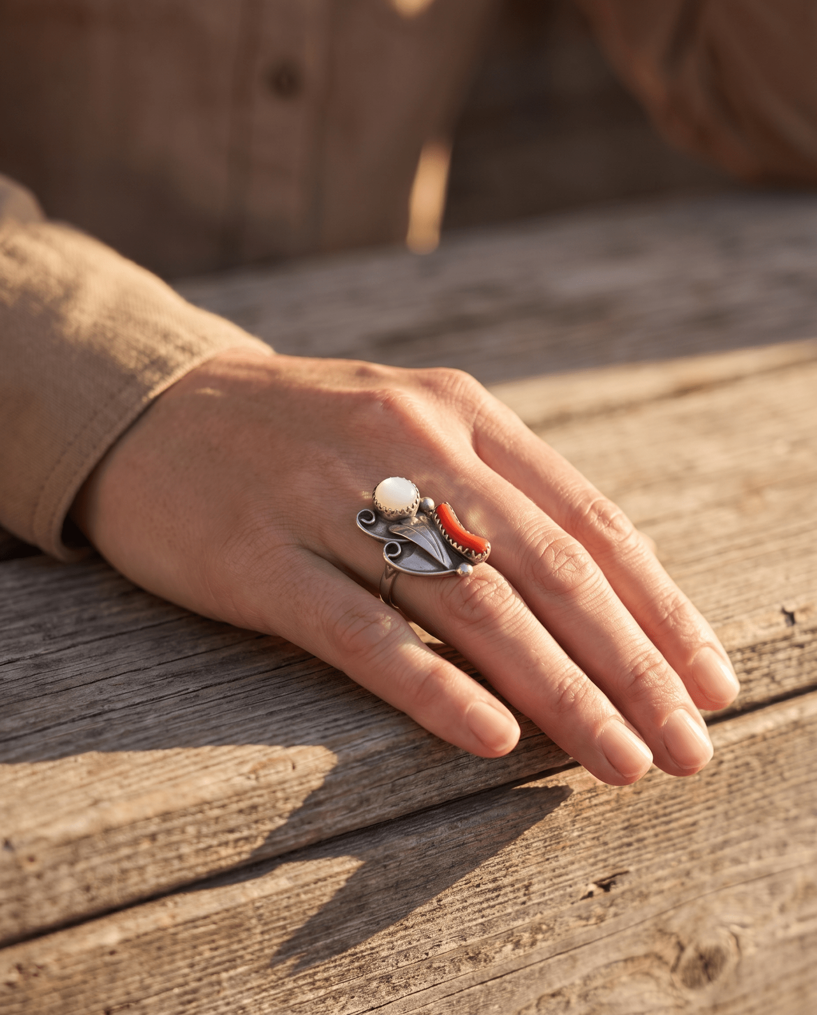 Coral & Mother of Pearl Sterling Silver Flower-Style Ring — Size 5 - Cowhide and Conchos