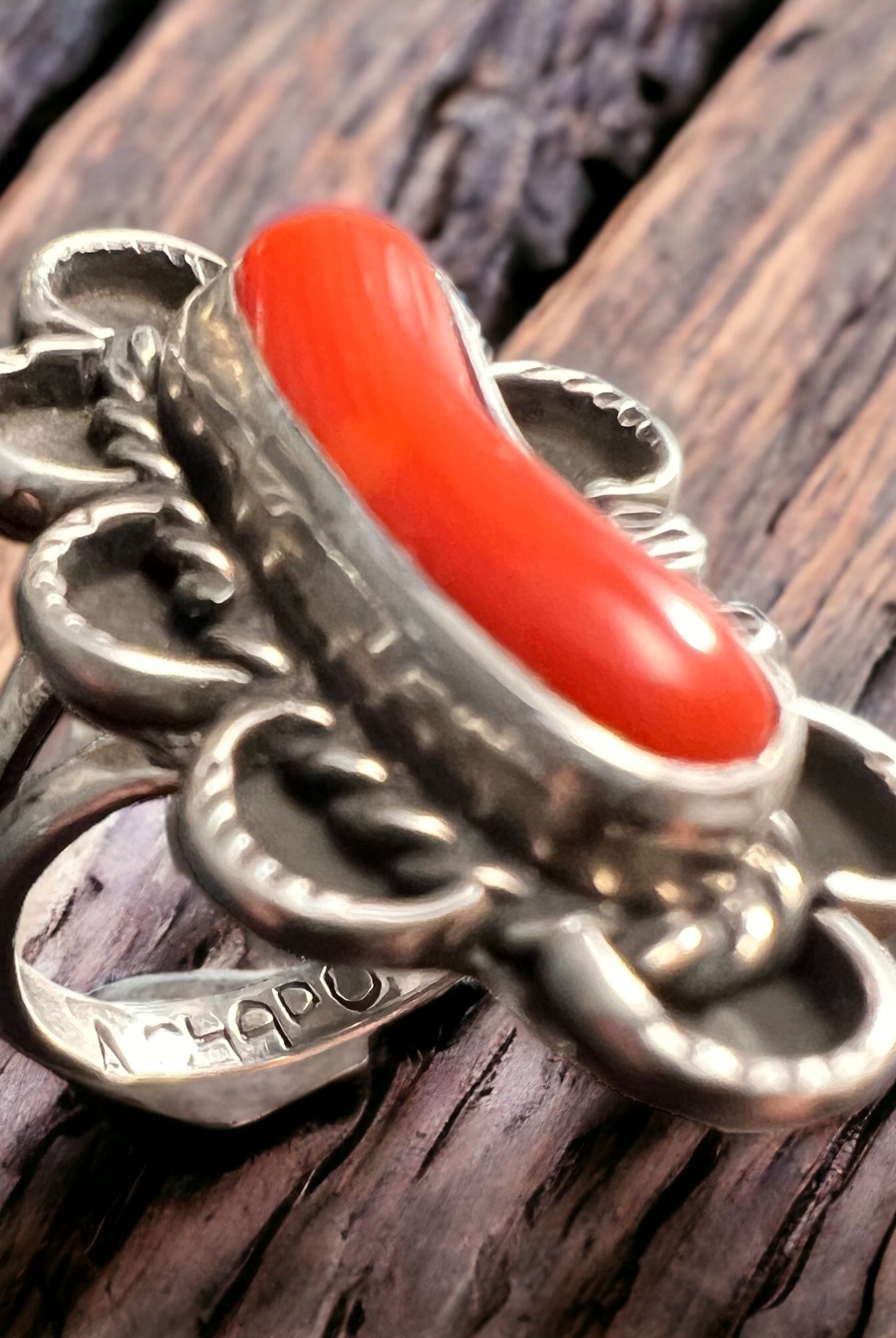Coral ring - signed A Chapo on hand stamped sterling - size 7 - Cowhide and Conchos