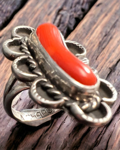 Coral ring - signed A Chapo on hand stamped sterling - size 7 - Cowhide and Conchos