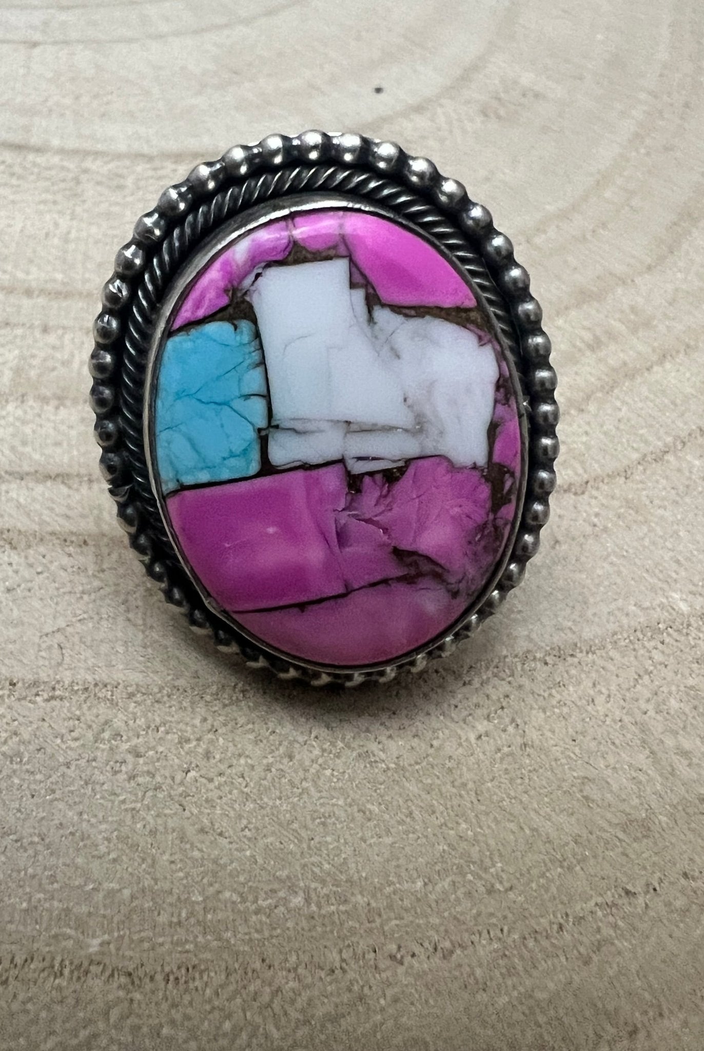 Cotton Candy Adjustable Ring by Navajo Artist Scott Skeets - Cowhide and Conchos