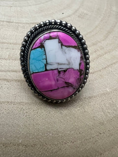 Cotton Candy Adjustable Ring by Navajo Artist Scott Skeets - Cowhide and Conchos