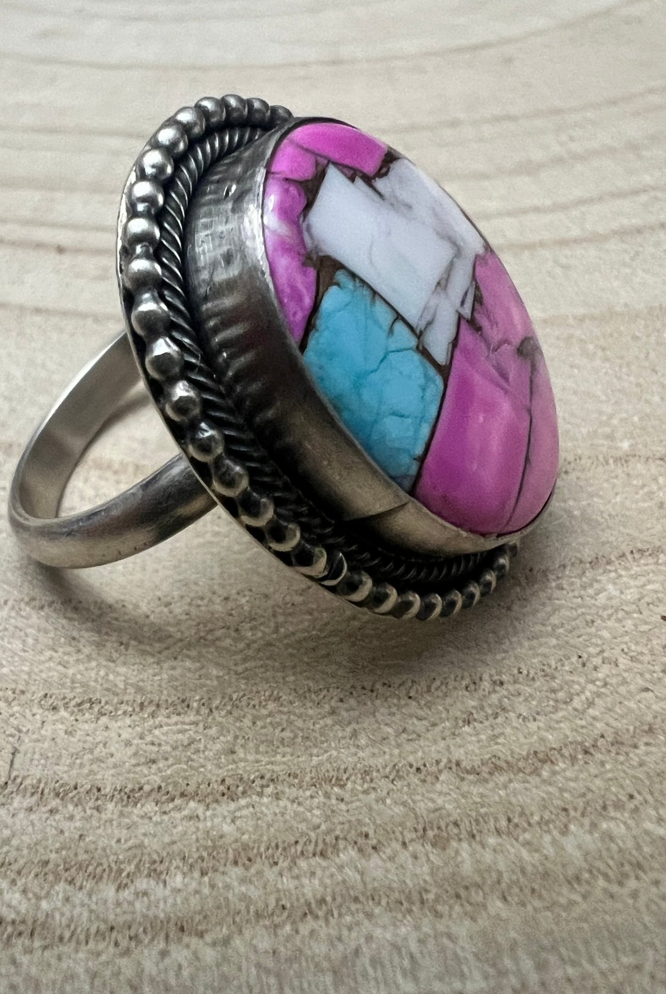 Cotton Candy Adjustable Ring by Navajo Artist Scott Skeets - Cowhide and Conchos