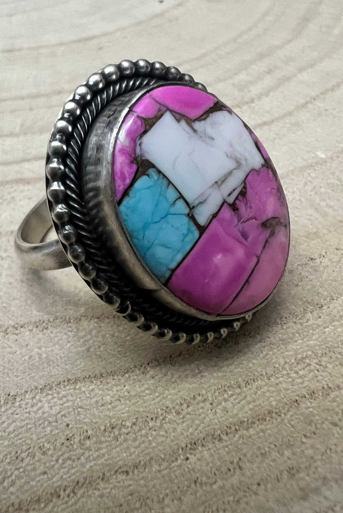 Cotton Candy Adjustable Ring by Navajo Artist Scott Skeets - Cowhide and Conchos
