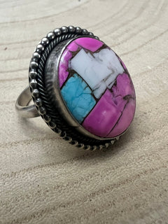 Cotton Candy Adjustable Ring by Navajo Artist Scott Skeets - Cowhide and Conchos