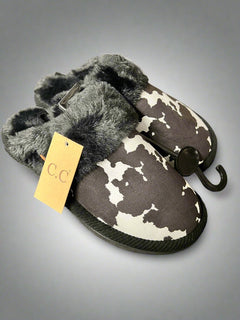 Cow Print Faux Fur Slippers - Black and white - Cowhide and Conchos