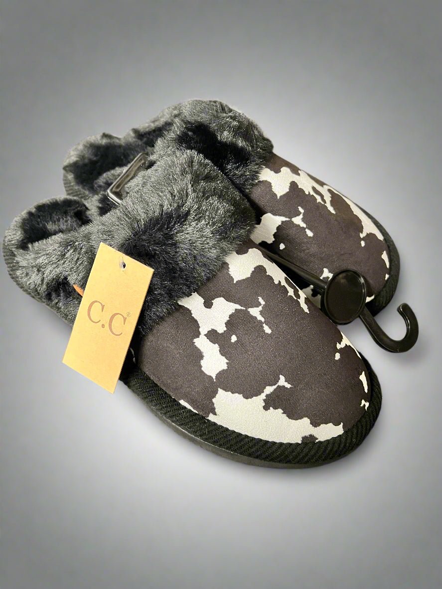 Cow Print Faux Fur Slippers - Black and white - Cowhide and Conchos
