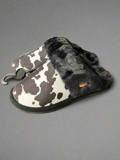Cow Print Faux Fur Slippers - Black and white - Cowhide and Conchos
