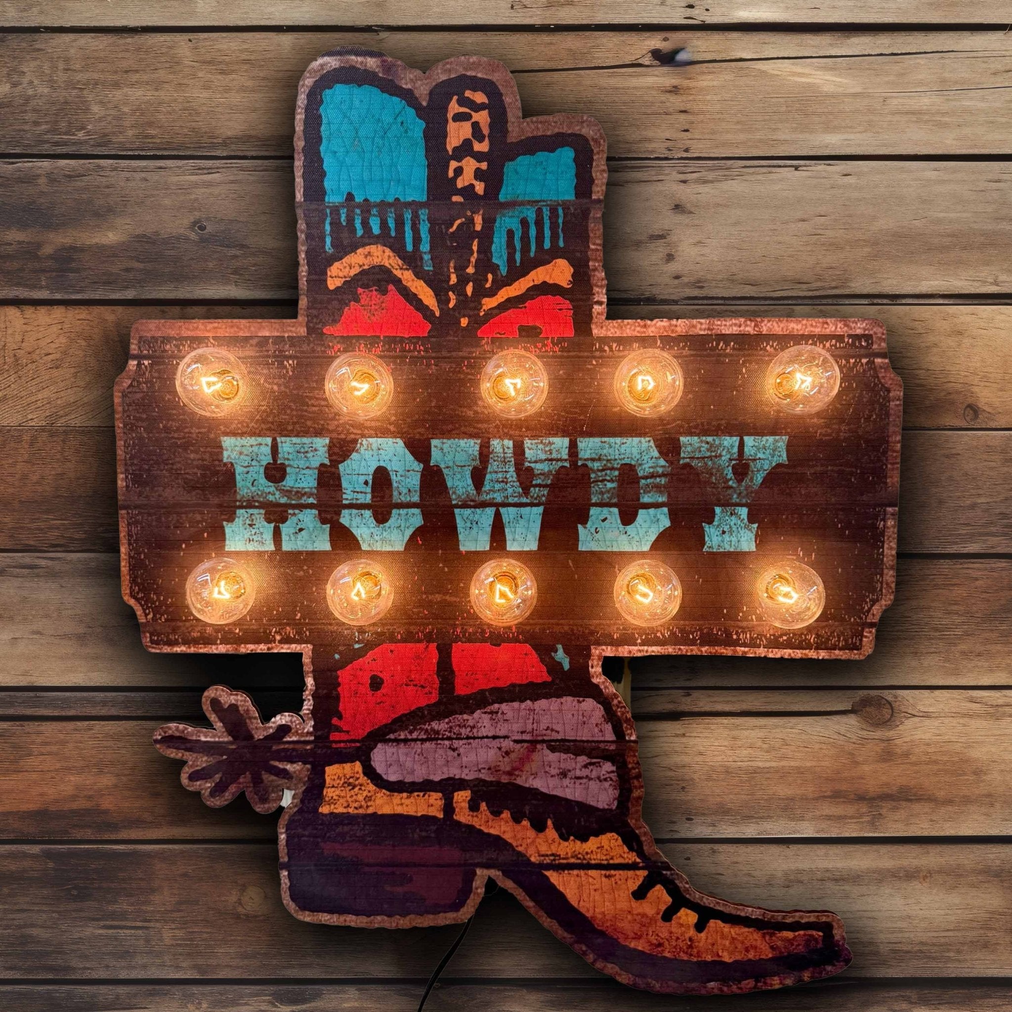 Cowboy Boot Marquee Lighted Artwork - Cowhide and Conchos