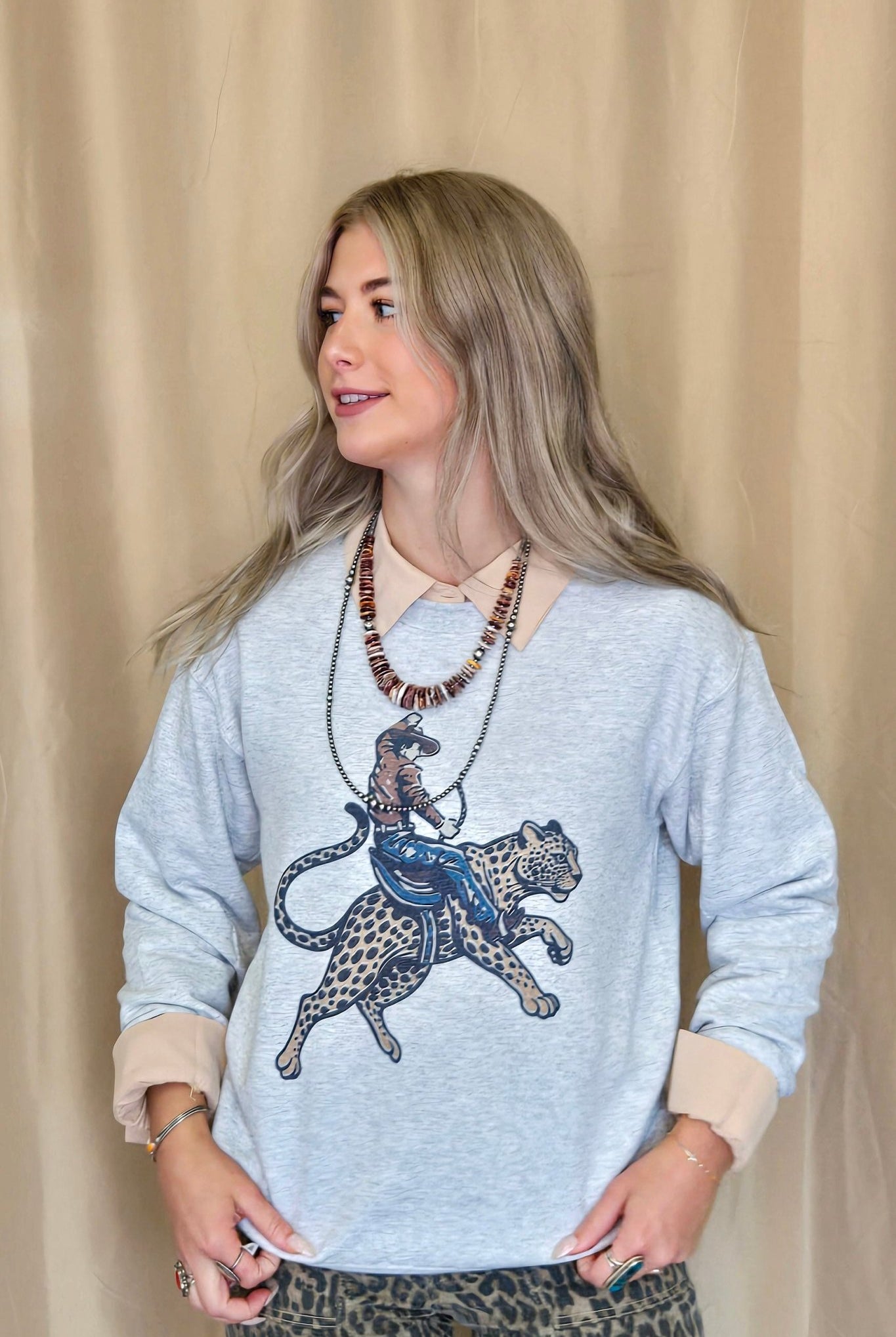 Cowboy Cheetah Crewneck Sweatshirt - Cowhide and Conchos