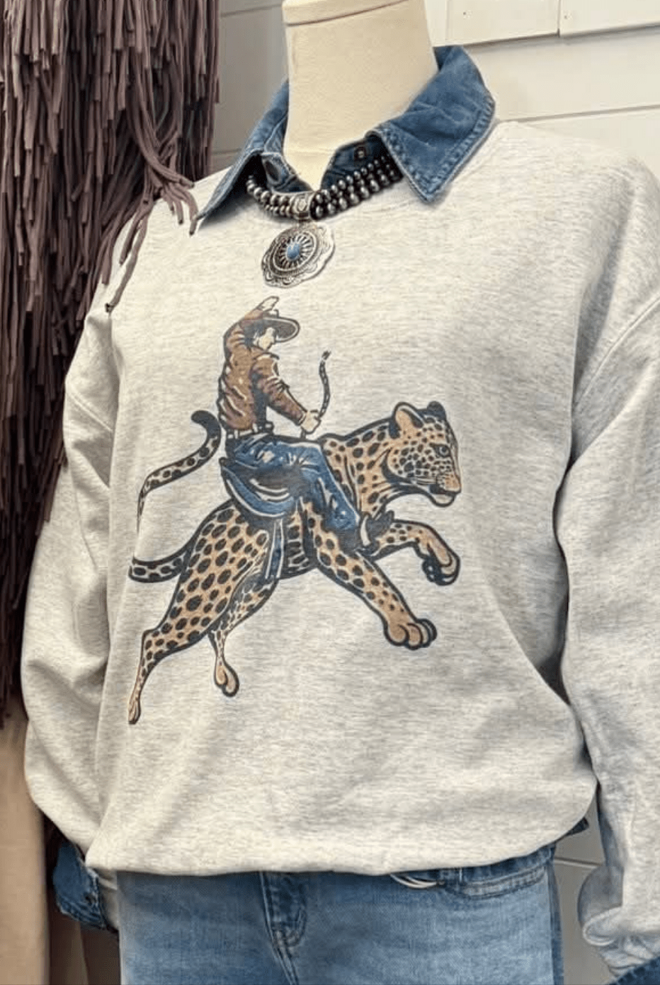 Cowboy Cheetah Crewneck Sweatshirt - Cowhide and Conchos