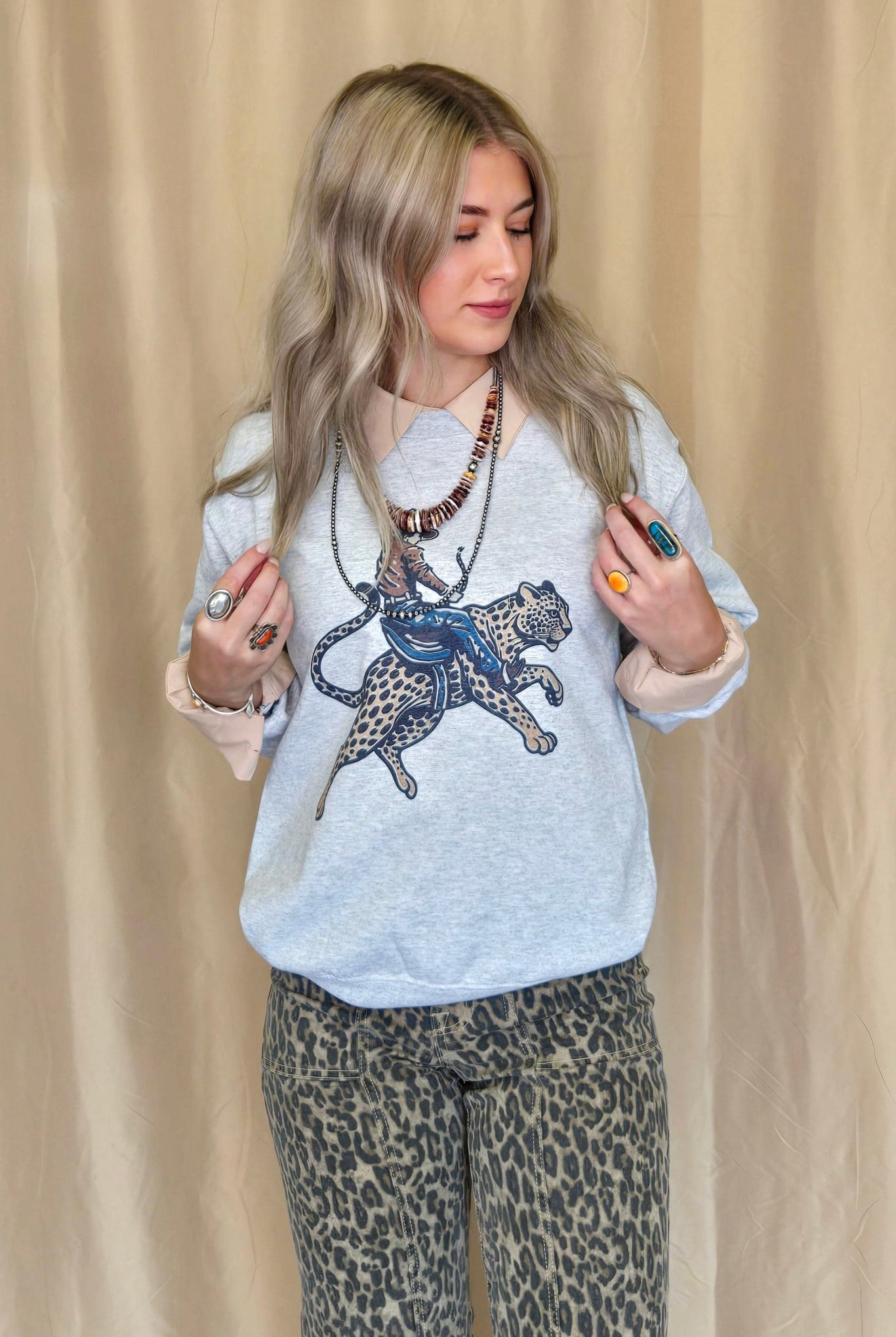Cowboy Cheetah Crewneck Sweatshirt - Cowhide and Conchos