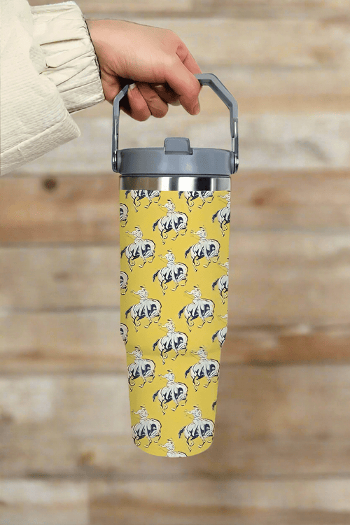 Cowboy Up Yellow Retro Print 30oz Tumbler - Cowhide and Conchos