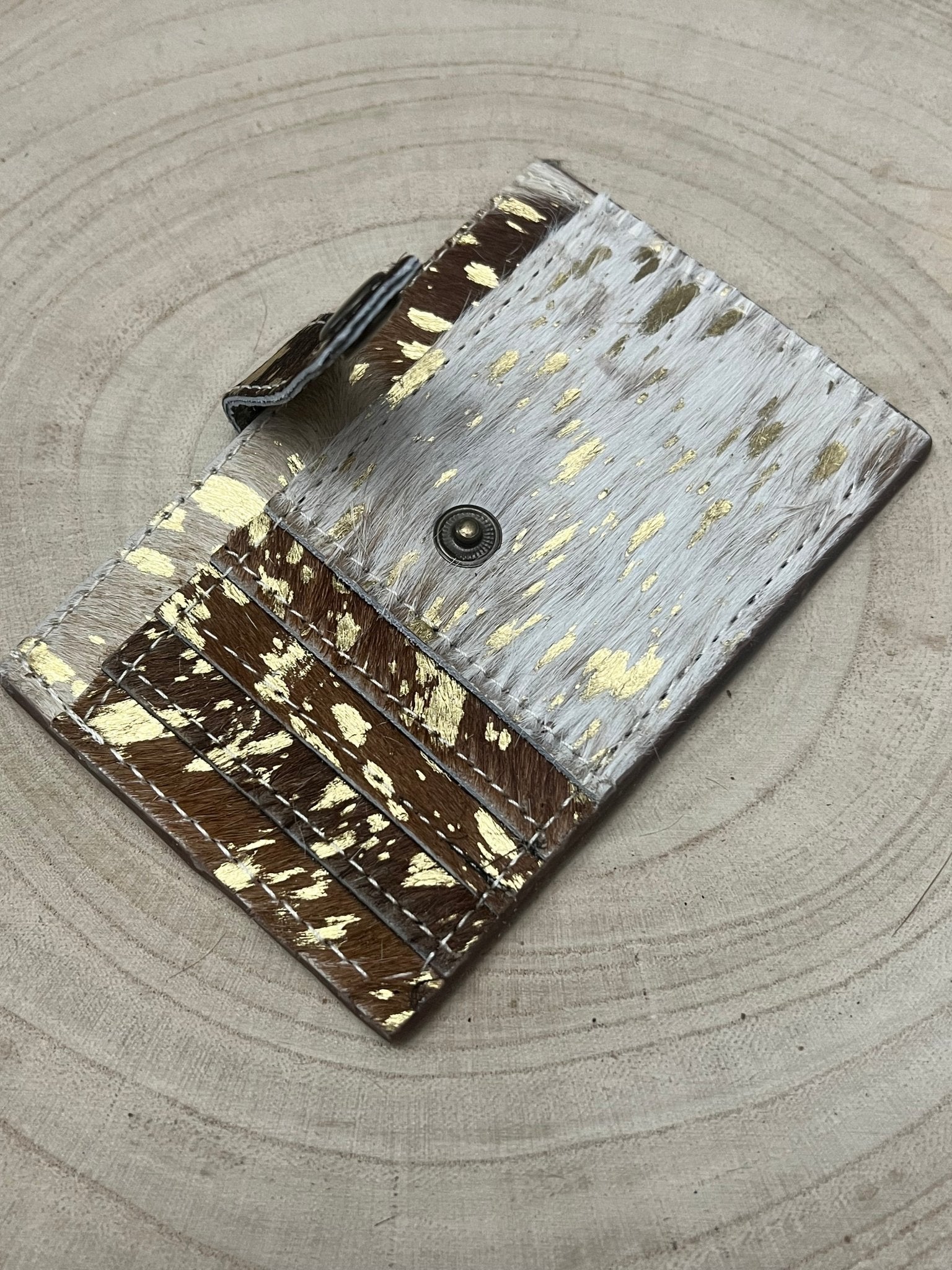 Cowhide Credit Card Wallet - Acid wash gold - Cowhide and Conchos