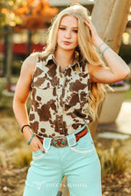 Cowhide Print Denim Button Down Pearl Snap Sleeveless Shirt - Cowhide and Conchos