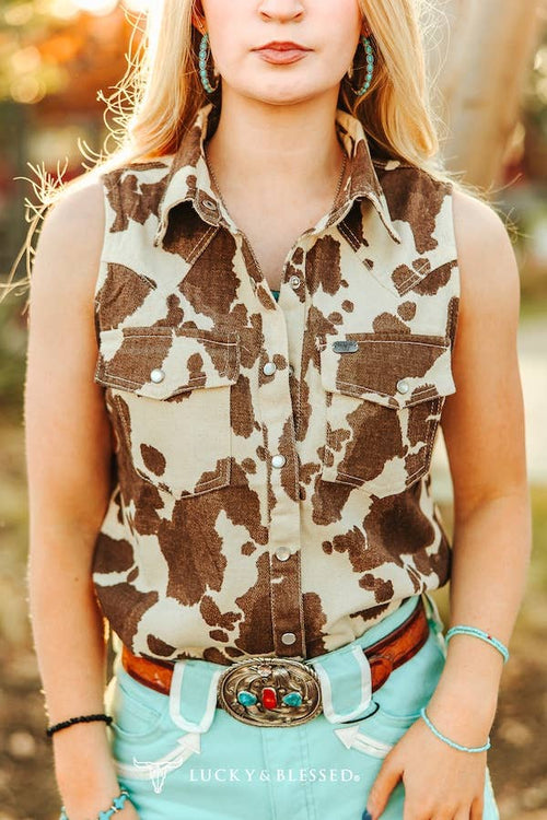 Cowhide Print Denim Button Down Pearl Snap Sleeveless Shirt - Cowhide and Conchos
