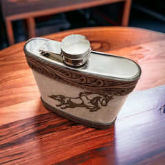 Cowhide & Tooled Leather Flask - Cowhide and Conchos