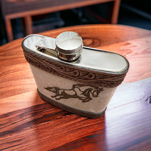 Cowhide & Tooled Leather Flask - Cowhide and Conchos