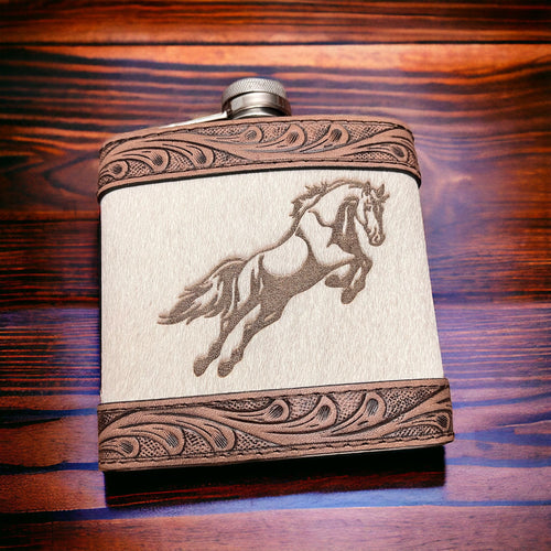 Cowhide & Tooled Leather Flask - Cowhide and Conchos