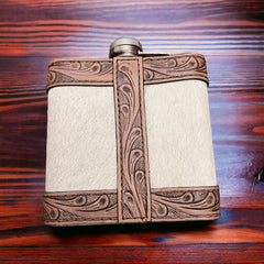 Cowhide & Tooled Leather Flask - Cowhide and Conchos