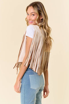 Cream Open Front Contrast Fringe Vest - Cowhide and Conchos