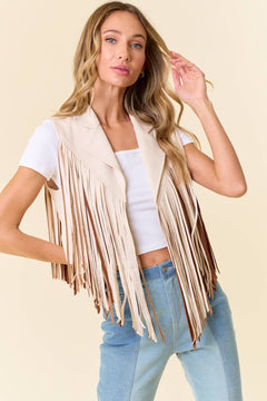 Cream Open Front Contrast Fringe Vest - Cowhide and Conchos