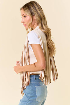 Cream Open Front Contrast Fringe Vest - Cowhide and Conchos
