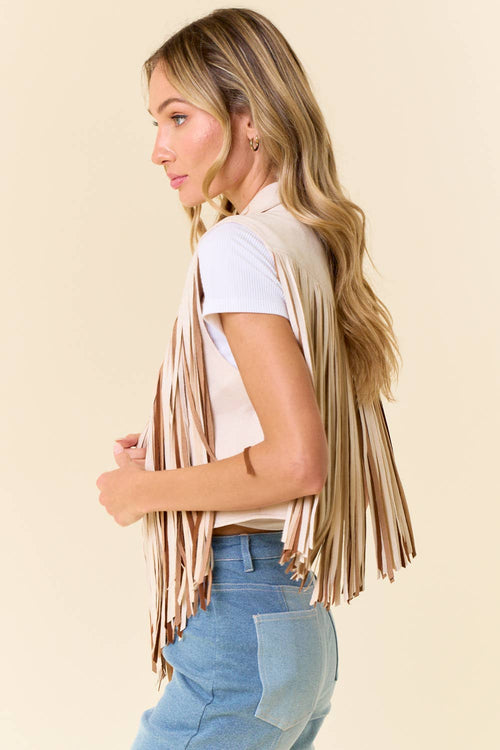 Cream Open Front Contrast Fringe Vest - Cowhide and Conchos