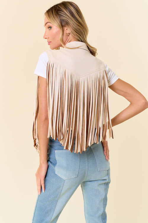 Cream Open Front Contrast Fringe Vest - Cowhide and Conchos