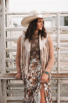 Cream Open Front Contrast Fringe Vest - small remaining - Cowhide and Conchos