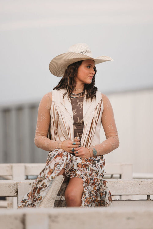 Cream Open Front Contrast Fringe Vest - small remaining - Cowhide and Conchos