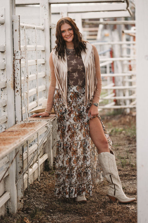 Cream Open Front Contrast Fringe Vest - small remaining - Cowhide and Conchos