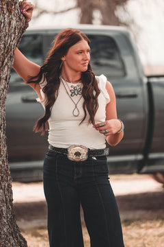 Crystal Flutter Sleeve Knit Top - Cowhide and Conchos