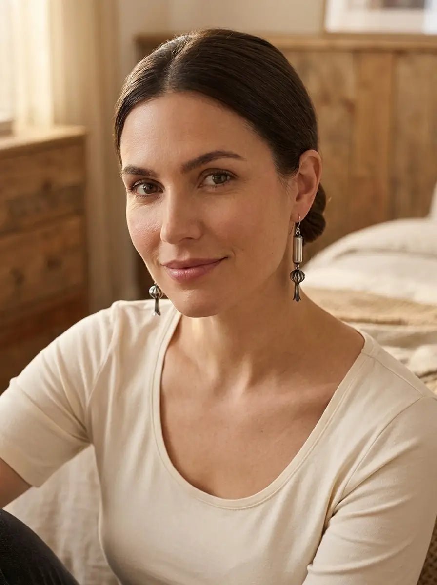 Crystal Hayley Sterling Silver Navajo Barrel & Squash Blossom Dangle Earrings — 1 3/4 inch drop (Handcrafted by Navajo Artist) - Cowhide and Conchos